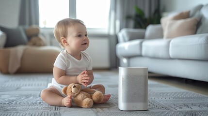 Air purifier in a familyfriendly living room, child playing on the carpet, safe and clean environment