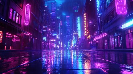 Fototapeta premium A vivid and futuristic urban scene during a rainy night features towering buildings adorned with bright neon lights in shades of pink, purple, and blue. The wet pavement reflects the glowing signs and