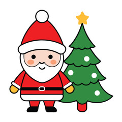 A cute Christmas Santa  and Christmas tree vector illustration on white background.
