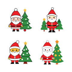 4 icon set of A cute Christmas Santa  and Christmas tree vector illustration on white background.