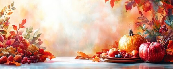 Seasonal food and foliage spread on rustic wooden table, autumn harvest feast with fresh organic produce, herbs, and colorful leaves, captured in warm natural light for festive gatherings