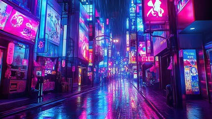 A vibrant urban street scene illuminated by an array of bright neon lights in hues of pink, blue, and purple. The street is wet, likely from recent rain, which creates reflections of the neon signs on