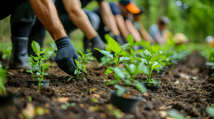 Person planting saplings in the ground, focusing on one hand holding a plant.