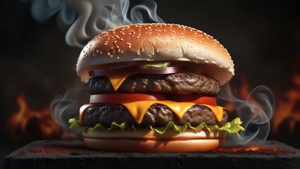 Photorealistic burger with fire and smoke in the background. Steaming cheeseburger