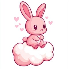 Obraz premium Cute Pink Bunny Sitting on a Cloud with Hearts