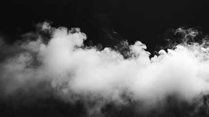 Abstract black background with white smoke and dark fog, creating an empty scene for product presentation or design overlay.