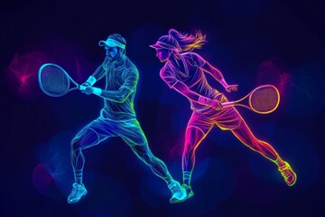 Tennis players hitting forehand in neon light trails