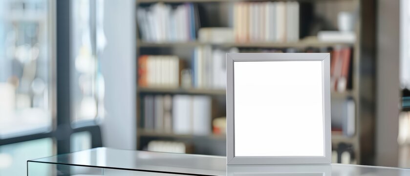 A blank picture frame displayed on a clear table in a modern library setting, ready for personal customization or decoration.