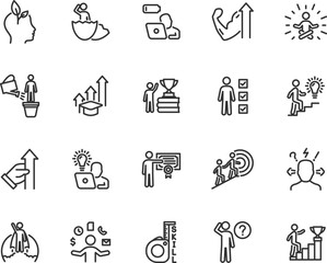 Vector set of personal growth line icons. Contains icons upskill, career, newbie, burnout, skill improvement, efficiency, development, knowledge, education and more. Pixel perfect.