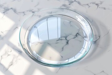 A round mirror sits atop a marble counter, perfect for decorative or functional use