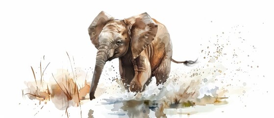 Obraz premium A charming watercolor illustration of an elephant splashing through water, showcasing its playful nature in a serene environment.