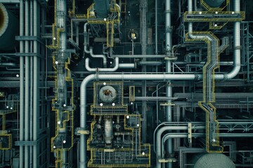 Aerial view of an industrial refinery complex showing the intricate network of pipes, tanks, and infrastructure, highlighting the complexity of industrial operations