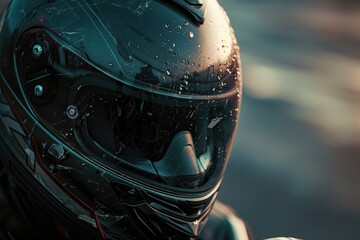 A person wearing a motorcycle helmet getting wet in the rain