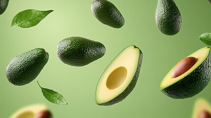 poster with flying avocado on green background showing avocados in action for advertising