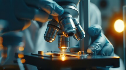 A close-up view of a scientist using a microscope in a laboratory, highlighting the delicate details of scientific exploration.