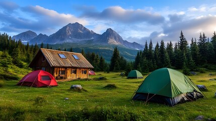Camping in the mountains, tents set up directly behind a grassy meadow with a forest in the background, a clear sky, a beautiful landscape, a nature view from the camping site near a small village