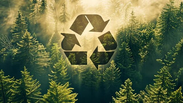 Recycling logo with green forest background. World with sunny green grass bokeh background. Save clean planet, Save world and environment, Ecology, World Earth Day Concept. 4k video