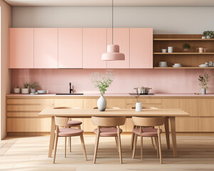 Modern Kitchen Interior with Pink Cabinets and Wooden Table