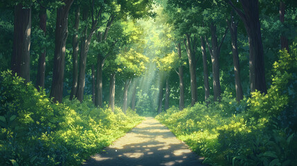 Obraz premium Sunbeams Through Green Forest: A Serene Path in Nature - Cartoon and Anime Landscape
