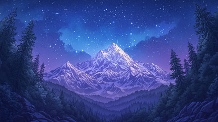 Majestic Mountain Range Under a Starry Night Sky - Cartoon and Anime Landscape