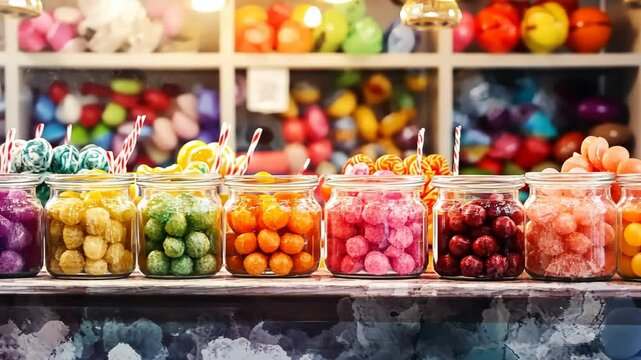 Colorful candy jars display an assortment of sweets in a vibrant shop setting