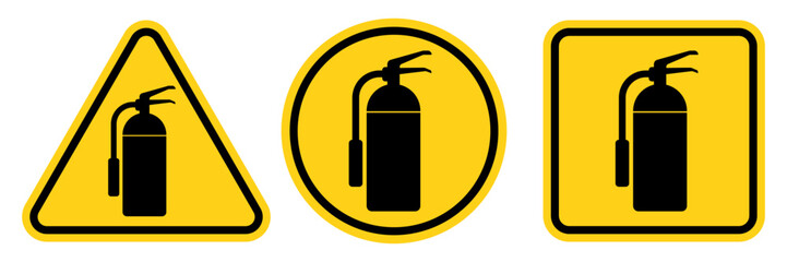 Fire extinguisher sign. Firefighters tools for flame fighting symbol, logo, badge, icon, sticker, label, emblem, stamp, red, line, flat vector, isolated illustration.