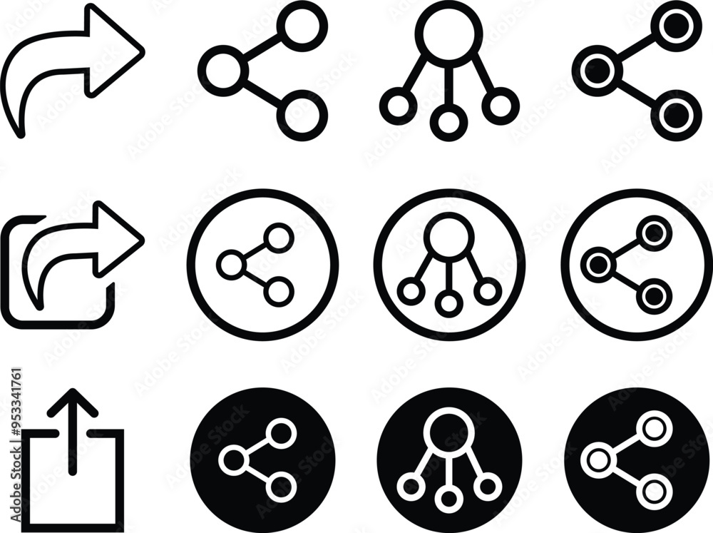 Poster share outline icons set. arrow symbols. reply send forward buttons connection sign isolated on trans