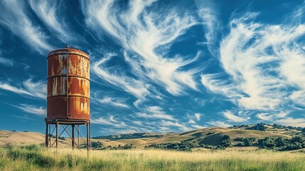 A rusted, cylindrical water tank stands on metal legs in the foreground of a scenic outdoor landscape. The sky above is a vibrant blue filled with swirling, wispy white clouds. Rolling hills covered i
