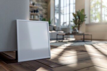 A modern interior scene showcasing an empty picture frame against a wall, surrounded by natural light and stylish furniture.