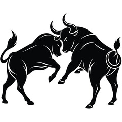 Obraz premium Black silhouette of two fighting bulls with sharp horns in dynamic minimalist tribal-inspired design