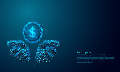 Abstract hand holding coins stacks of money low poly wireframe a stack of dollar coins on a modern blue background, using a futuristic low poly wireframe vector illustration. Concept of Saving Money.