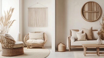 Fototapeta premium This inviting living room showcases boho Scandinavian design with neutral tones, natural materials, and comfortable furniture, creating a serene atmosphere