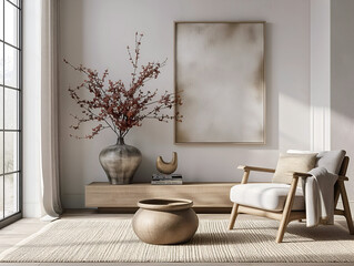 Aesthetic minimalist room interior design. Mockup picture frames. Concrete paint and mock up poster on the walls. Copy space. Clean apartment for decoration. Japandi, scandi, rustic style.