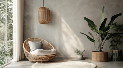 A cozy living area showcases boho Scandinavian design with a stylish rattan chair, soft cushions, and vibrant plants, creating an inviting, upscale atmosphere