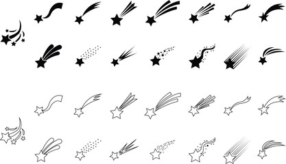 Shooting stars icons Set in Flat, Outline styles. Meteorite and comet symbols. Flying comet with tail, falling meteor, Galaxy element on transparent background. Star trail vectors illustration signs.