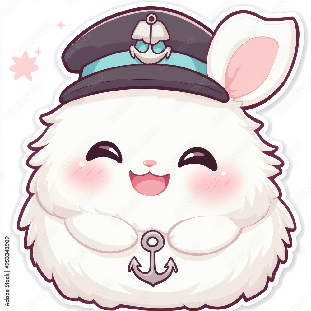 Poster Cute White Rabbit Wearing a Sailor Hat and Holding an Anchor