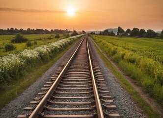 Fototapeta premium The sun is slowly setting behind the distant train tracks in view