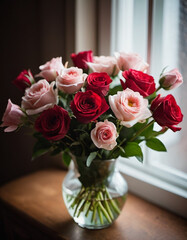 Romantic Valentine's bouquet featuring red and pink roses expressing love and affection, perfect for a special occasion or celebration of romance in a serene garden setting. Generative AI