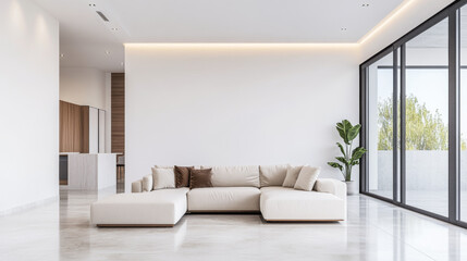 Fototapeta premium Modern minimalist living room interior with led lighting and elegant furniture