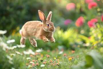 A playful rabbit leaps joyfully through a vibrant garden, surrounded by colorful flowers and greenery, capturing the essence of spring.
