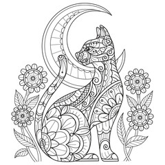 Naklejka premium Cat and moon hand drawn for adult coloring book
