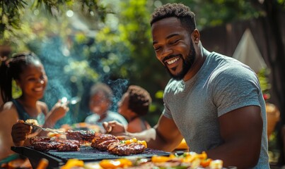 a photo of a black african american family and friends having a picnic barbeque grill in the garden. having fun eating and enjoying time. sunny day in, Generative AI