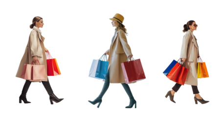 Three women in long coats are walking with shopping bags. They are wearing different hats and shoes