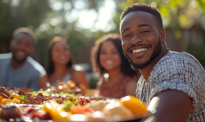 a photo of a black african american family and friends having a picnic barbeque grill in the garden. having fun eating and enjoying time. sunny day in, Generative AI