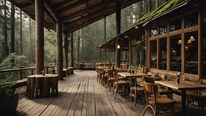 A forest cafe crafted from wood, offering a natural and rustic escape from the hustle and bustle of daily life
