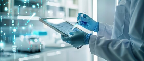 Fototapeta premium A researcher analyzes data on a tablet while wearing gloves in a high-tech laboratory environment, showcasing modern science.