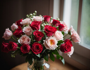 Romantic Valentine's bouquet featuring red and pink roses expressing love and affection, perfect for a special occasion or celebration of romance in a serene garden setting. Generative AI