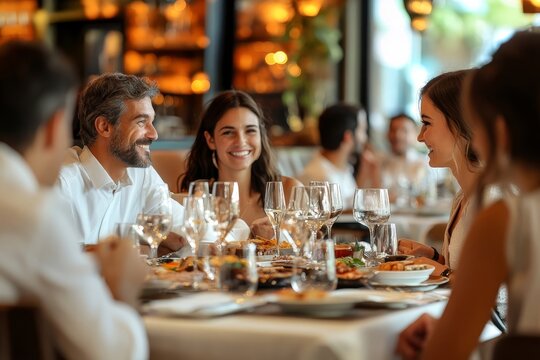 A group of people is dining in a elegance restaurant or hotel, Generative AI