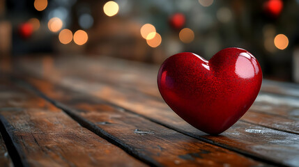 Fototapeta premium Red heart on a wooden background with bokeh lights.