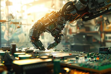 A robotic hand interacts with electronic components, showcasing advanced technology in a vibrant, futuristic environment.